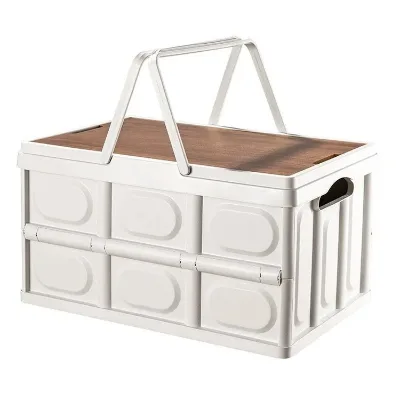 Collapsible Plastic Storage Bin with Wooden Lid Folding Design for Groceries Camping Picnics Waterproof Insert Included