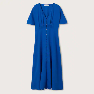 Blue Buttoned Linen-blend Dress Blue Dresses for Woman Elegant Casual Dresses