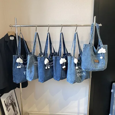 Women's Casual Large-Capacity Denim Tote Bag Lightweight Literary Shoulder Bag Open Closure