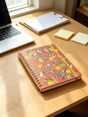 Vintage Floral Print Spiral Notebook Blank Inner Pages Elastic Band Closure Golden Wire Binding Diary for Office Journaling