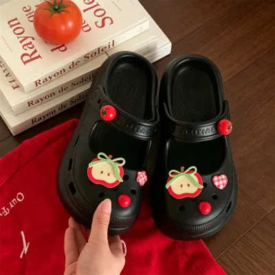 XIXITIAO RTS Summer Women EVA Height Increasing Beach Slippers with DIY Apple Decor Casual Anti-Slip 4.5cm Thick Mary Jane Clogs