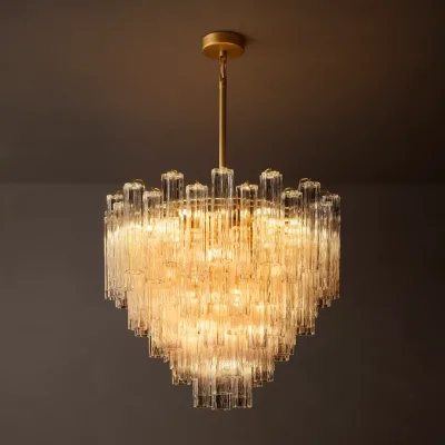 Tiered Cylindrical Glass Tube Chandelier Polished Brass Frame Clear Vertical Ribbed Glass Rod Round Ceiling Pendant Light