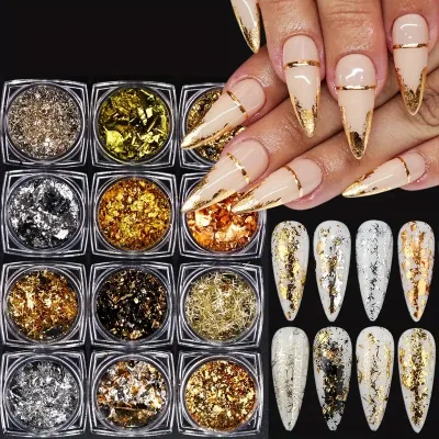 Nail DIY Sparkly Gold Foil Flakes Ultra-Thin Aluminum Rose Golden Silvery Foil Nail Art Accessories