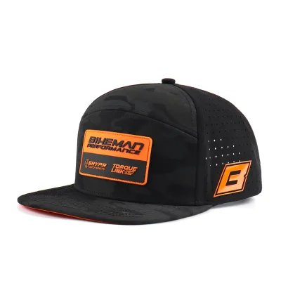 Wholesale Custom 7 Panel Snapback Hat PVC Rubber Patch Waterproof Sweatproof Snapback Camo Fabrics With Flat Brim Cap for Unisex