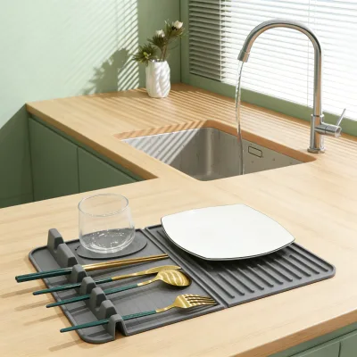 Silicone Utensil Drying Mat with Cutlery Organizer Non-Slip Silicone Dish Draining Pad Heat Resistant Kitchen Drying Mat