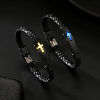 Fashion Cross Design Classic Gold Blue Plated Stainless Steel Men's Leather Bracelet 21 cm Handmade Men's Christmas Gifts