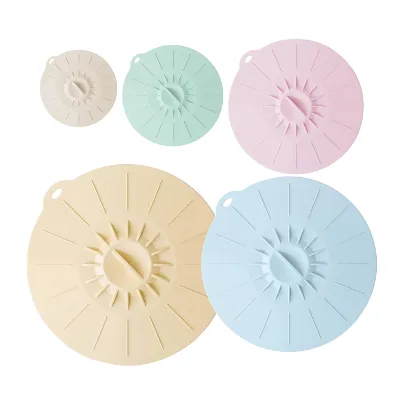 Reusable BPA Free Food Grade Silicone Spill Sopper Lid Cover Sets of 5 Size for Cups Bowls Plates Pots Pans Skillets