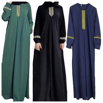 Women's Casual Muslim Kaftan Lace Abaya Vintage Print Maxi Dress Plus Size 5XL Plain Dyed Long Dress