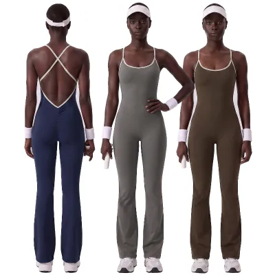Workout Bodysuit Tummy Control Outdoor Sports Bodysuit Flared Trousers Sleeveless Hollow Back Gym Active Jumpsuits for Women