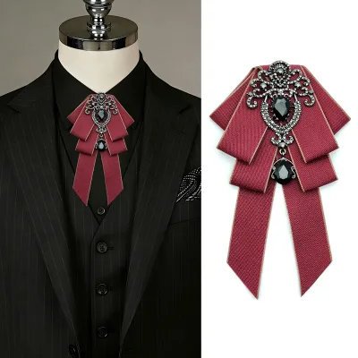 Luxury Satin Ribbon Bow Tie Brooch for Men Crystal Rhinestone Handmade Formal Suit Accessory for Wedding Banquet Prom Party