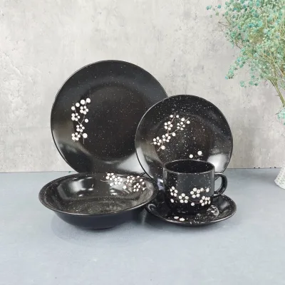 Black 30pcs Dinnerware Se Colorful Glazed Plate Bowl Cup and Saucer with Fancy Flower for Party