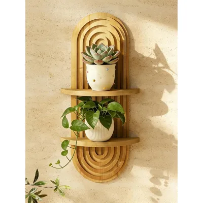 Brown Plant Wall Shelf Hanging Plant Shelf 2-Tier Wooden Floating Storage Shelves for Storage