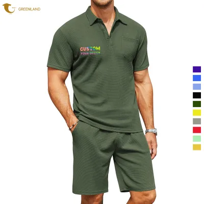 2024 New Fashion Design Men's Polo Sets Hot Sale Solid Best Quality Cotton Polyester Waffle Shorts Best Quality Cotton Polo Sets