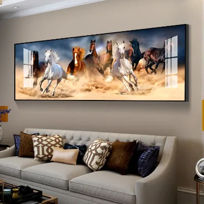 Wholesale Custom Animal Wall Art Paintings 8 Horses Painting Running Crystal Porcelain Painting with Aluminum Frame for Office Home Decor Customized