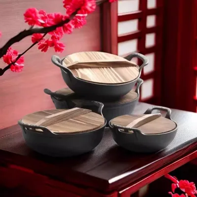 Wholesale in Stock Non-Stick Household Gas Cooker Double Handle Skillet Cast Iron Cookware Wok with Beechwood Lid