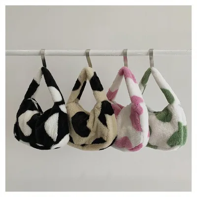 Korean Winter Soft Plush Ladies Bag Geometric Pattern Square Plush Shoulder Tote Bags