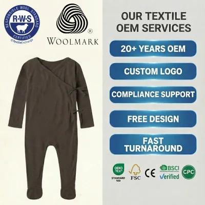 OEM ODM 100% Merino Wool Baby Jumpsuit Pajamas Custom Logo Ribbed Footie Onesie Temperature Regulating Merino Baby Sleepwear