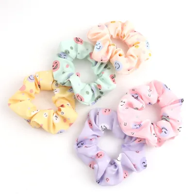 Women Girls Cute Smiling Face Print Hair Scrunchies Elastic Band