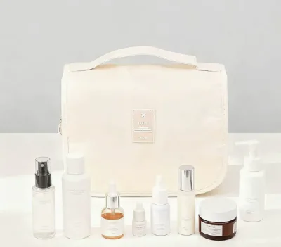 Portable Makeup Bag with Hand Strap, Travel-Friendly Twill Toiletry Bag, Large Capacity Waterproof Organizer