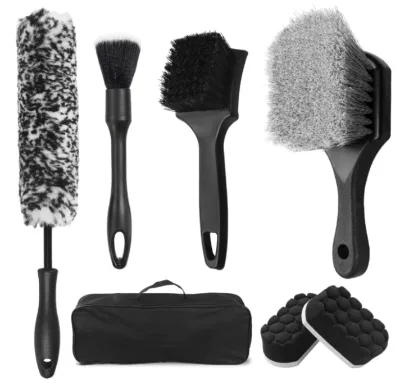 7Pcs Car Detailing Brush Kit Nylon Bristle Wheel Wash Interior Exterior Dashboard Tire Rim Cleaning Sponge Plastic Handle
