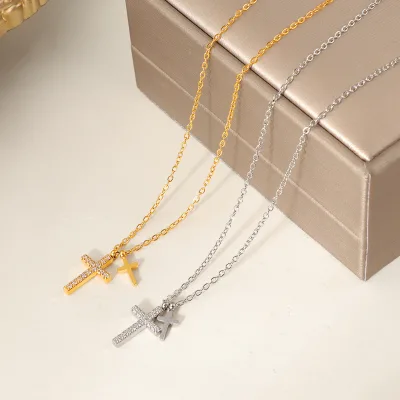 Mini Stainless Steel Double Cross Zircon Christian Pendant Necklace