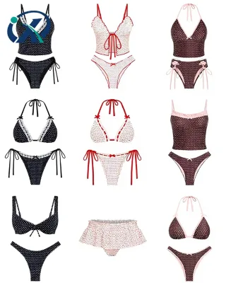 Hot Selling Custom Eco-Friendly Polka Dot Print Bikini Girls' Swimwear Crystal Front Made Spandex/Nylon Wholesale Bathing Suits