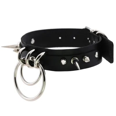 European and American Super Cool Leather Spike Rivet Choker Necklace Personalized Double O-shaped Ring Neck Strap Neck Chain