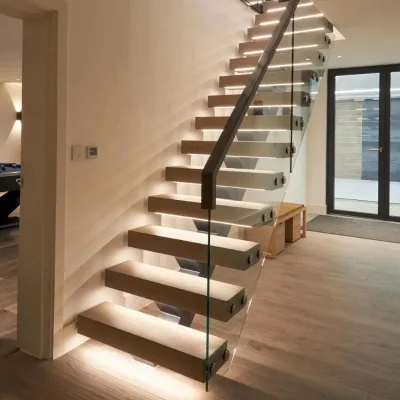 Modern Floating Stair Concealed Steel Support Grooved Wooden Steps Side Mount Glass Railing Luxury Residential Interior Stair