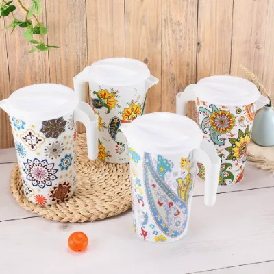 Printed Large Capacity Water Plastic Pitcher with Matching Cups and Serving Tray, Summer Cold Beverage Jug for Juice Iced Tea