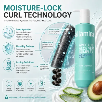 Moisturizing Curl Definer Cream with Avocado Aloe Complex, 250ml Lightweight Styling Formula for Frizz Control and Shine