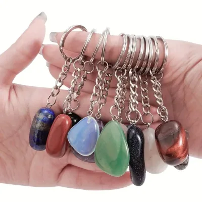 Natural Gemstone Crystal Pendant Key Chain Crystal Tumbled Stones Custom Key Chain Metal Crystal Keychain