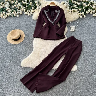 Women Rhinestone Lapel Cinched Waist Double Breasted Blazer Set High Waist Flared Pants office Wear Fall Winter 2Pcs Outfit