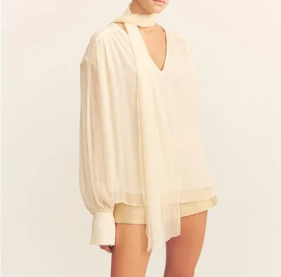 Latest Release Beige Casual Knitted Lady's Long-sleeved Blouse with Scarf Raglan Sleeve Skinny Fit