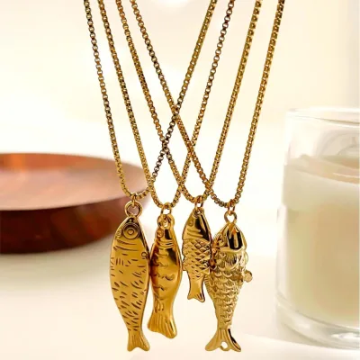 Unisex Gold-Plated Stainless Steel Fish Pendant Necklace Ocean-Inspired Minimalist Geometric Trendy Beach Vacation Wear Jewelry