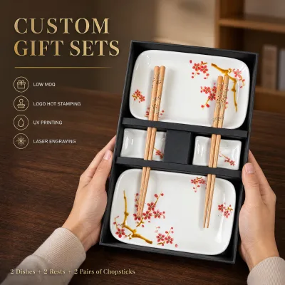 Custom Logo Plum Blossom Ceramic Plate Set Wooden Chopsticks Gift Box 2 Person Dining Tableware OEM
