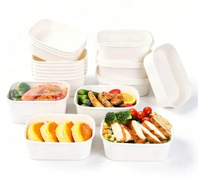 Take Away Salad Ramen Soup Container Rectangular Packing Boxes White Virgin Paper Take Out Bento Bowl Lunch Fast Food Box Pack