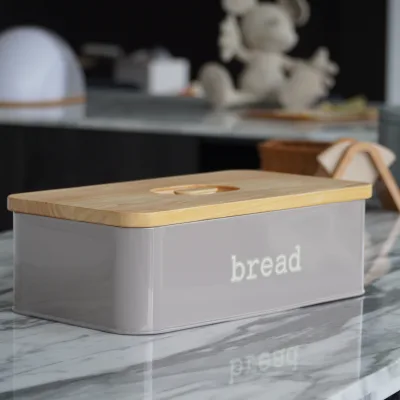 Rectangular Eco Storage Box with Wooden Cutting Board Lid Kitchen Metal Bread Bin