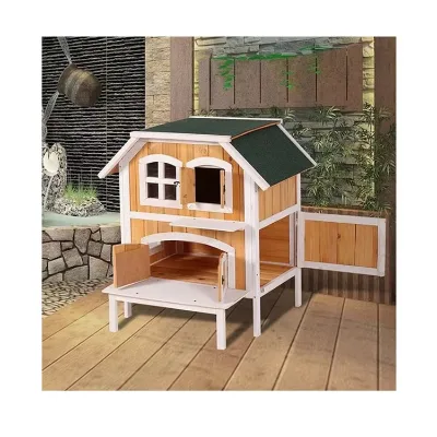 2 Tier Solid Wood Cat Tree House Outdoor Waterproof Pet Cage Enclosure Luxury Cat House with Platform Condo