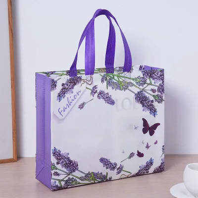 Retro Lavender Butterfly Animal Prints Non-Woven Closure-Free Tote Bag for Large Shopping and Gift Use Made in Longgang
