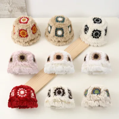 Rabbit-fur Lion Dance Women's Cute Warm Plush Fisherman's Cap Fall/Winter Face-Slimming Fluffy Beanie Trendy Contrast Color