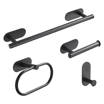 HF 4-Piece Nail-Free Adhesive Matte Black 304 Stainless Steel Elegant Bathroom Shower Set with Durable & Easy Installation