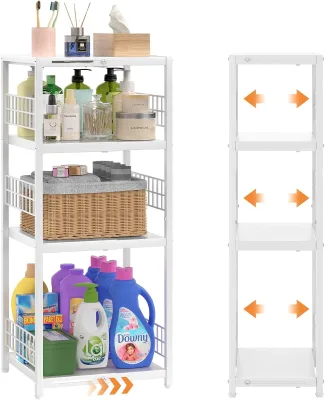 4-Tier Expandable Slim Metal Storage Shelf Freestanding Narrow Space-Saving Organizer for Bathroom Laundry Small Hotel Spaces