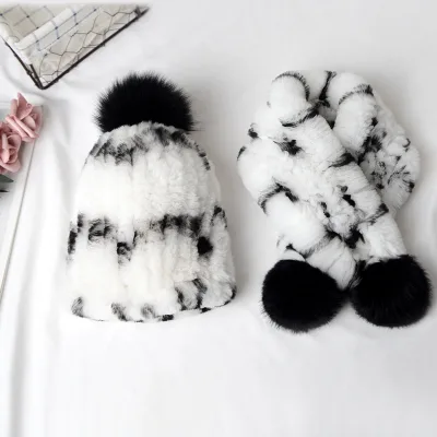 Fashion Winter Fur Scarf Knitted Rex Rabbit Real Fur Hat Russia for Children Kid Scarf Hat Set
