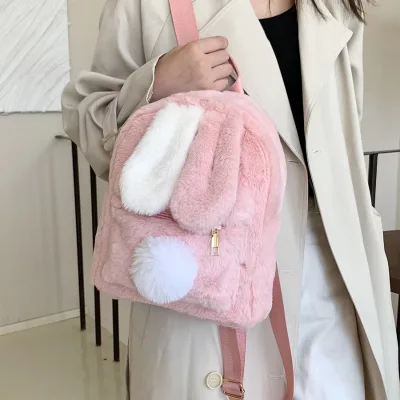 2024 New Fashion Fluffy Backpack for Women Japanese Cute Girl Style Portable Two-Color Rabbit Ears Zipper Closure for Travel