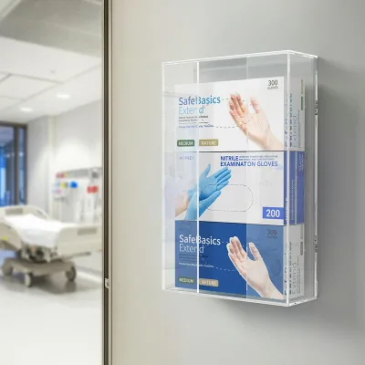 Modern Eco-friendly Acrylic Wall-Mounted Transparent Glove Dispenser with Triple Shelves Floating Rack Customized