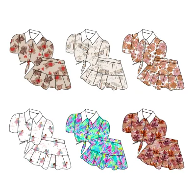 New Fashion Girl's Puff Sleeve Top Pleated Skirt Summer Leisure Set High Quality Custom Printing Skin-friendly Daily Outfit