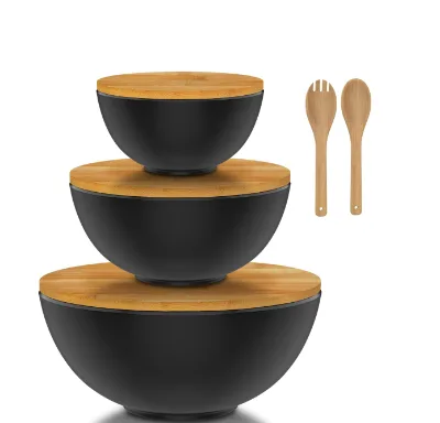 Large Bamboo Salad Bowl Set with Lids and Utensils, Salad Bowl with Lid , Bamboo Mixing Bowls Set for BAMBOO FIBER BOWL SET