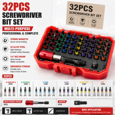32PCS Screwdriver Bit Set S2 Steel Magnetic Bits 1/4 Hex Shank Impact Driver Accessories Kit for Power Tools