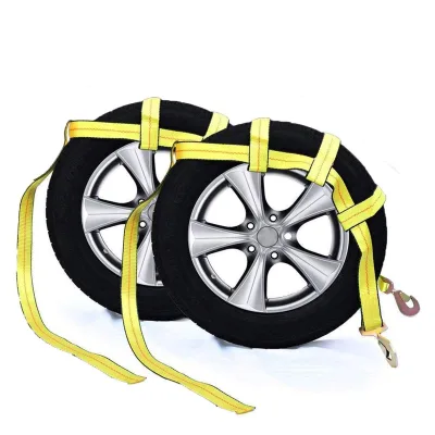 2 Set Heavy Duty Adjustable Car Basket Straps Tow Dolly Wheel Tie Down Ratchet Strap Net with Flat Hooks