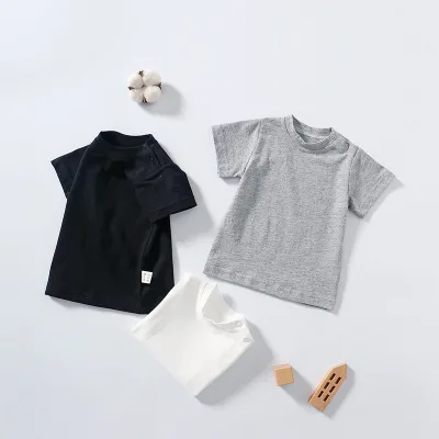 Summer new baby round neck shoulder button short sleeved T-shirt for boys and girls, baby cotton top, solid color base shirt